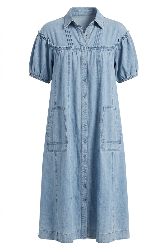 Puff Sleeve Button Denim Dress