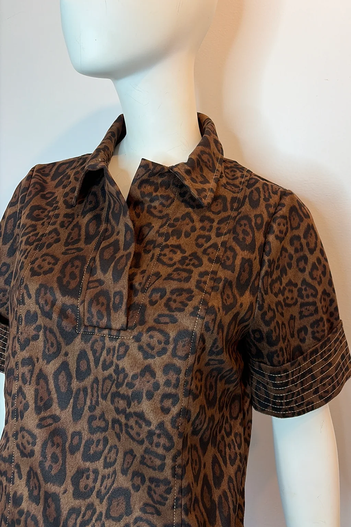 Leopard Print Collared Short Sleeve Pocket Dress