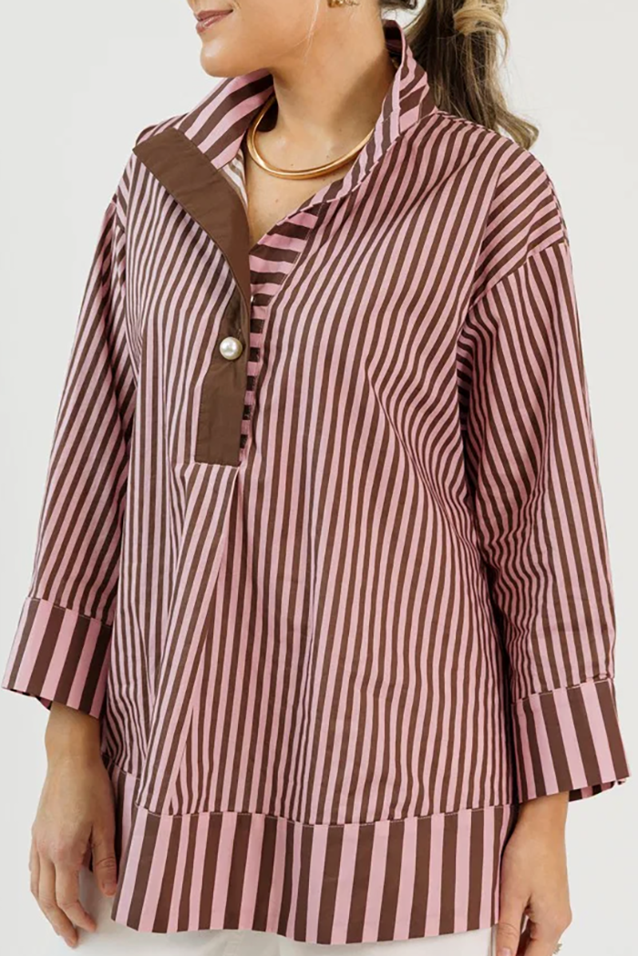 Casual Stripe Pearl Button Top