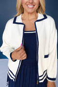 Contrast Edge Trim Collar Zip Front Pocket Knit Top