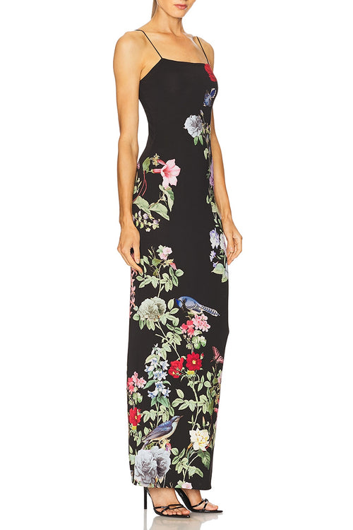 Schwarzes geblümtes Spaghettiträger-Maxikleid