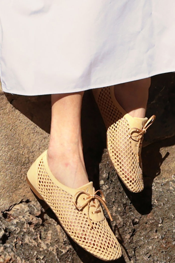 Square-Toe Lace-Up Mesh Flats