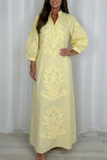 Stand Collar Balloon Cuff Tribal Motif Maxi Dress