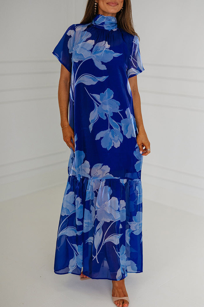 Navy Blue Floral Mock Neck Tiered Maxi Dress
