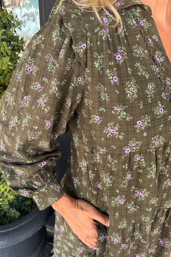 Floral Long Sleeve Tiered Pocket Maxi Dress