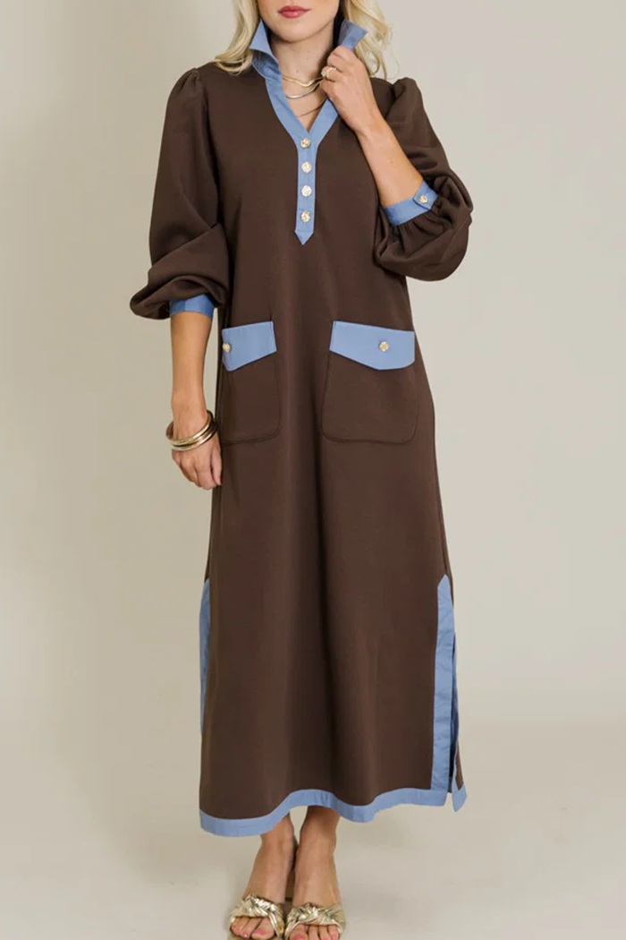 Contrast Trim Puff Sleeve Patch Pockets Side Slits Maxi Dress