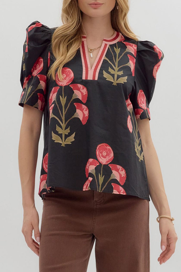 Floral Contrast Collar Puff Sleeve Top