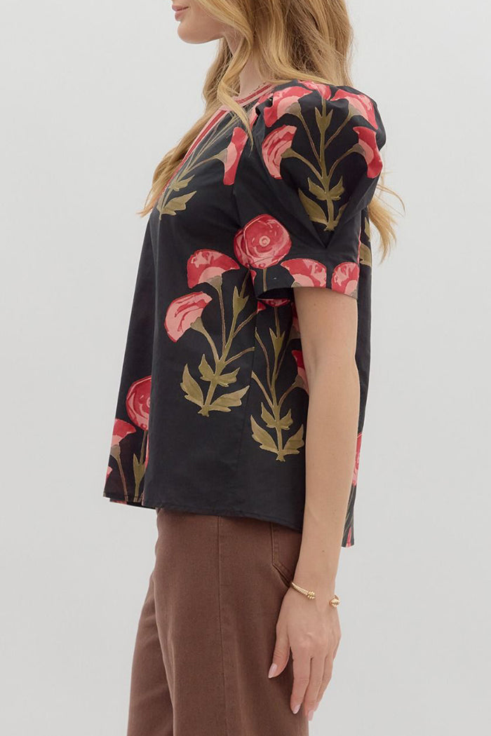 Floral Contrast Collar Puff Sleeve Top