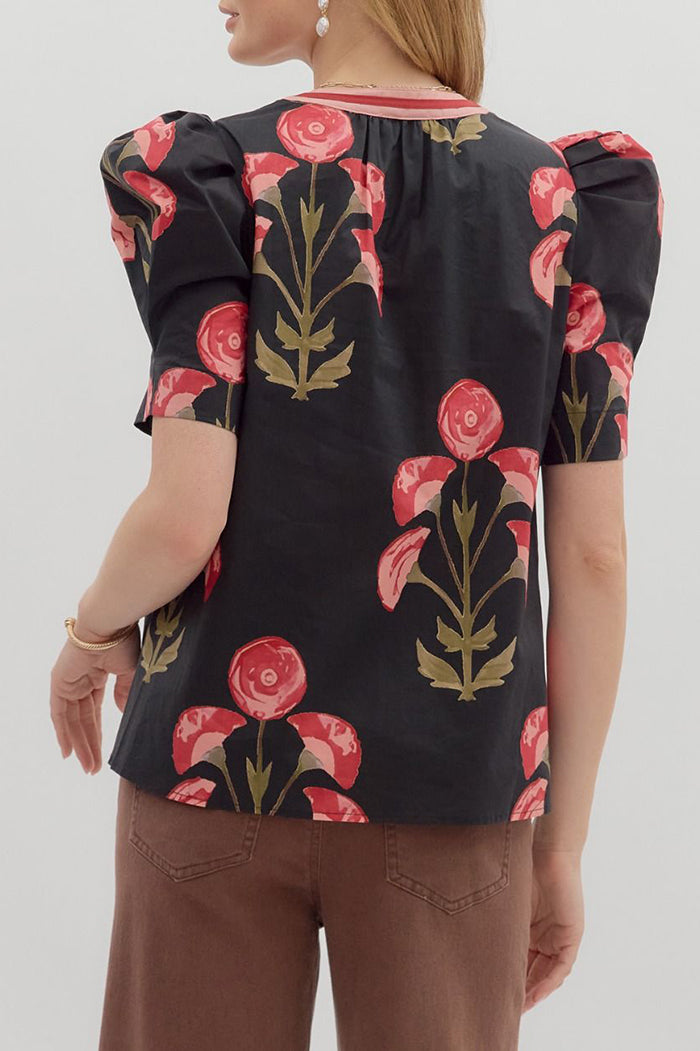 Floral Contrast Collar Puff Sleeve Top