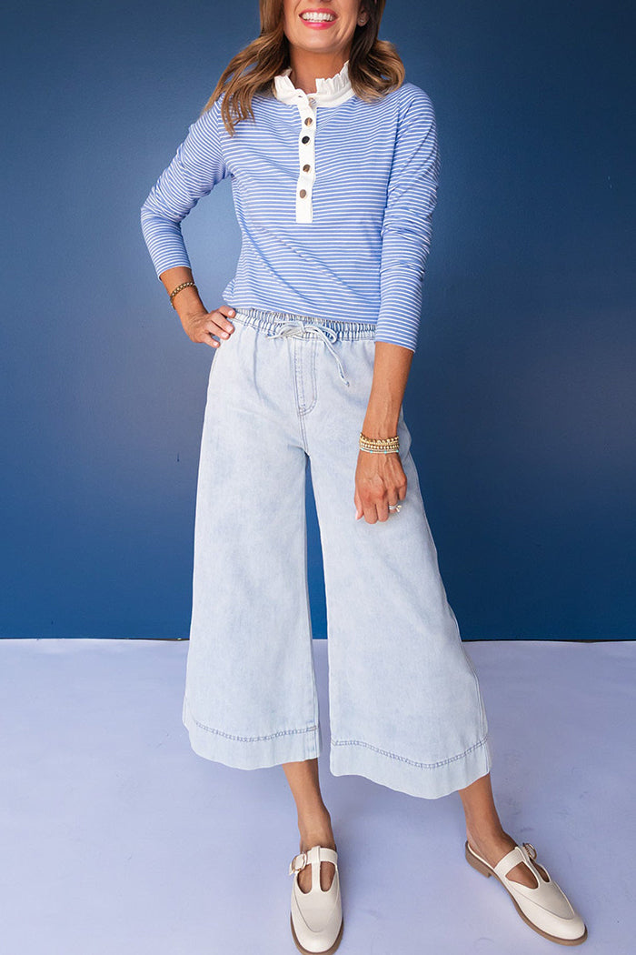 Stripe Ruffle Collar Henley Placket Long Sleeve Top