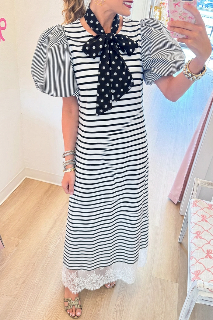 Casual Striped Lace Panel Dress
