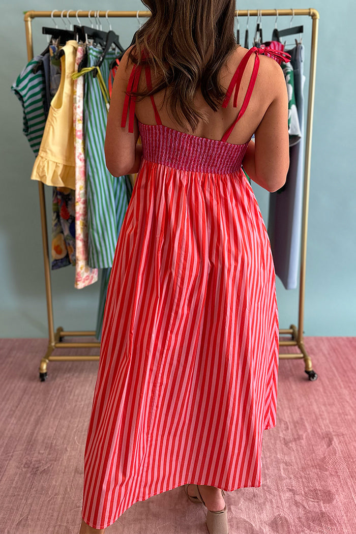Adjustable Tie Strap Contrast Stripe Scalloped Midi Dress
