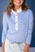 Stripe Ruffle Collar Henley Placket Long Sleeve Top