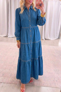 Medium Wash Denim Long Sleeve Tiered Maxi Dress