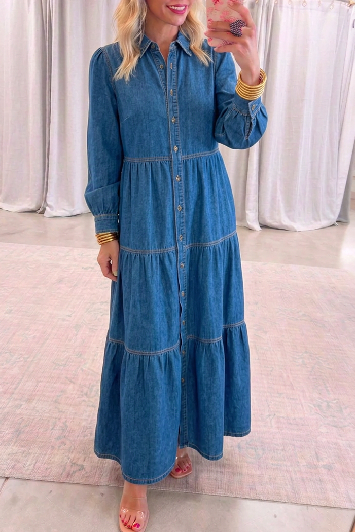 Medium Wash Denim Long Sleeve Tiered Maxi Dress