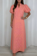 V-Neck Puff Sleeve Plaid Dress