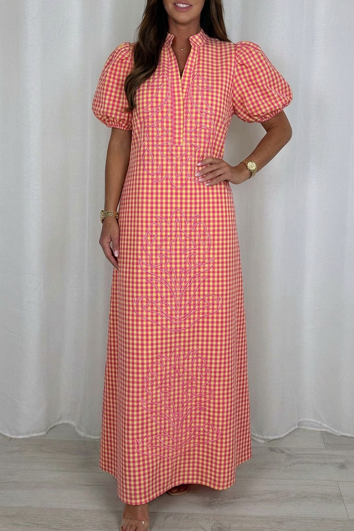 V-Neck Puff Sleeve Plaid Dress