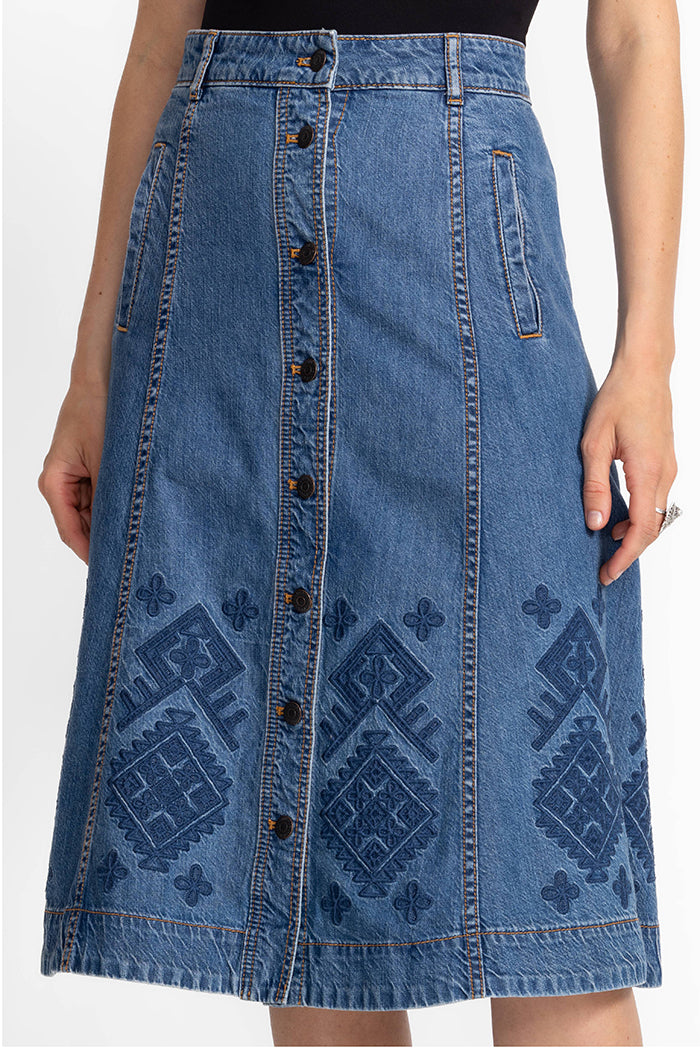 Button Front Panel Denim Midi Skirt