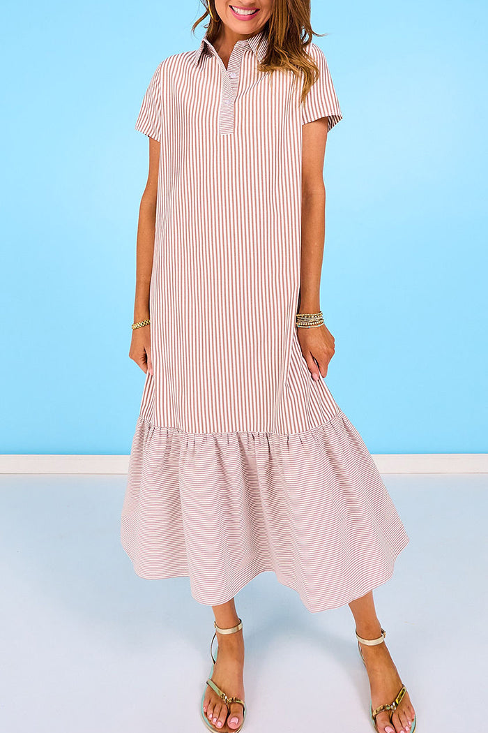 Mixed Stripe Collared Short Sleeve Tiered Maxi Dress