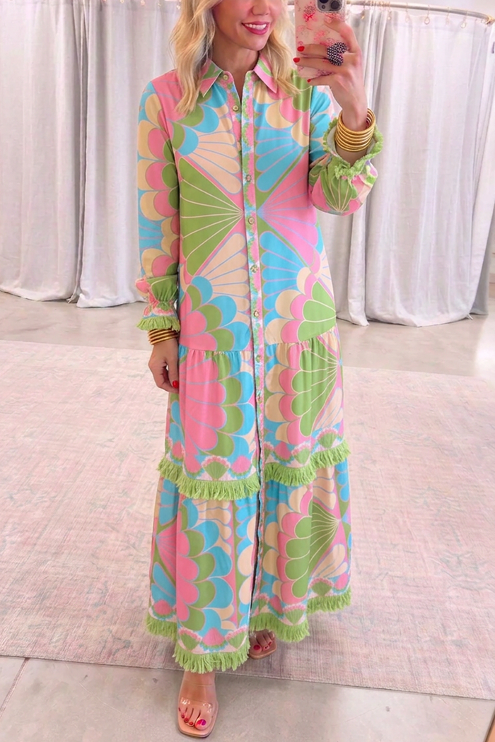 Green Fringe  Button Front Maxi Dress