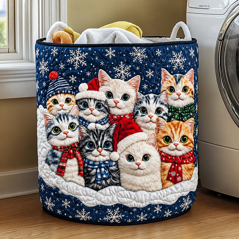 Christmas Snowflake Cat Quilted Laundry Basket
