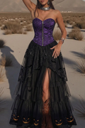 Purple Black Halloween Lace Strapless Slit Layered Corset Dress