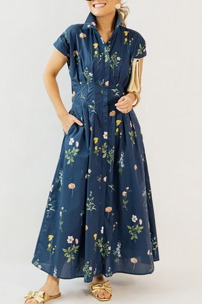 Navy Floral Pleated Pocket Dress