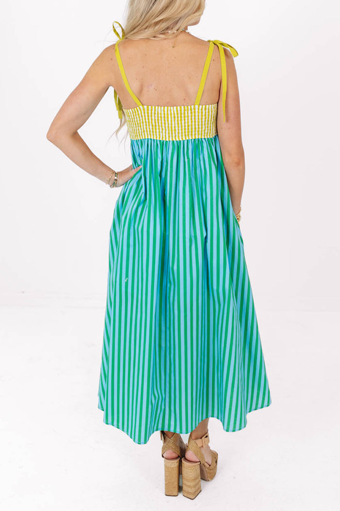 Adjustable Tie Strap Contrast Stripe Scalloped Midi Dress