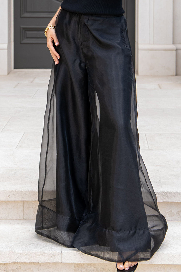 Black Tulle Overlay Wide Leg Pants