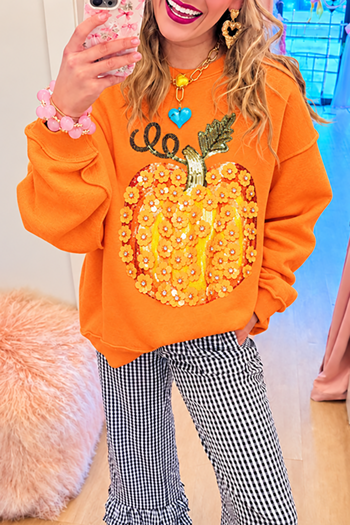 Orange Sequin Pumpkin Crewneck Sweatshirt