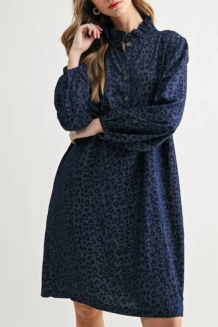 Leopard Print Ruffle Mock Neck Half Button Long Sleeve Dress