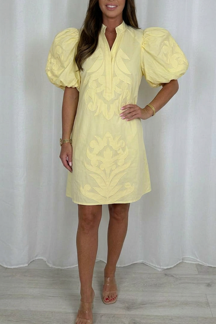 Casual V-Neck Short Puff Sleeve Dress