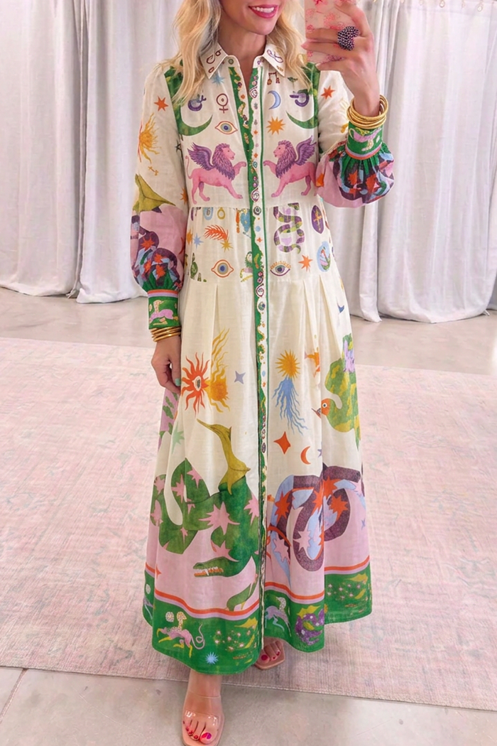 Mythological Print Long Sleeve Maxi Dress