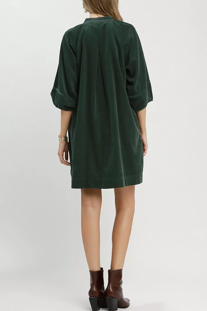 Contrast Stitch Corduroy 3/4 Sleeve Pocket Dress
