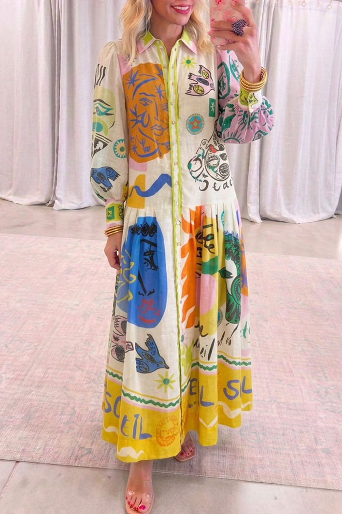 Abstract Print Button Front Long Sleeve Maxi Dress