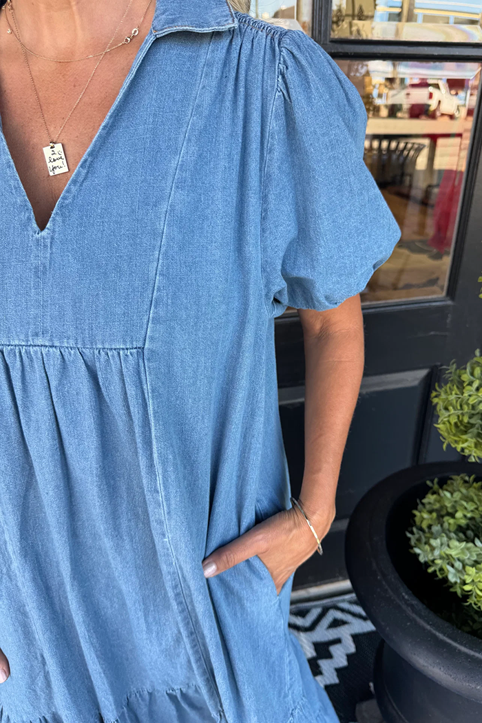Denim Collared Puff Short Sleeve Tiered Ruffle Pocket Maxi Dress