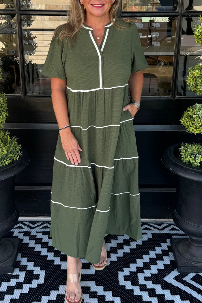 Contrast Puff Sleeve Tiered Pocket Maxi Dress