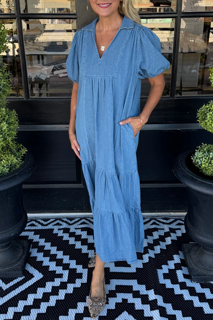 Denim Collared Puff Short Sleeve Tiered Ruffle Pocket Maxi Dress