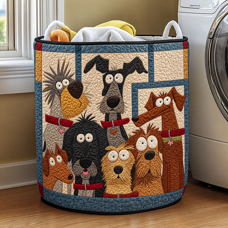 Cartoon Dog Patchwork Quilted Laundry Basket