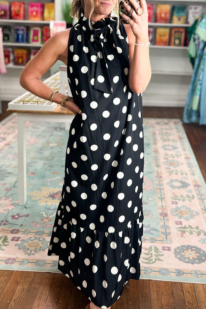 Tie Neck Polka Dot Ruffle Maxi Dress