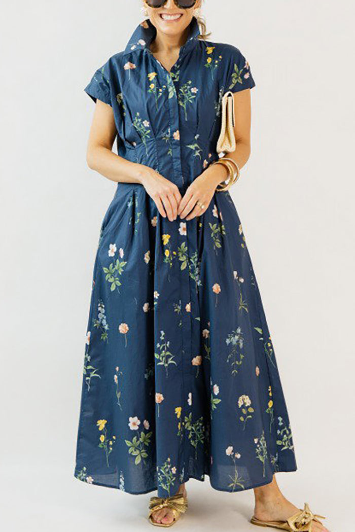 Navy Floral Pleated Pocket Dress