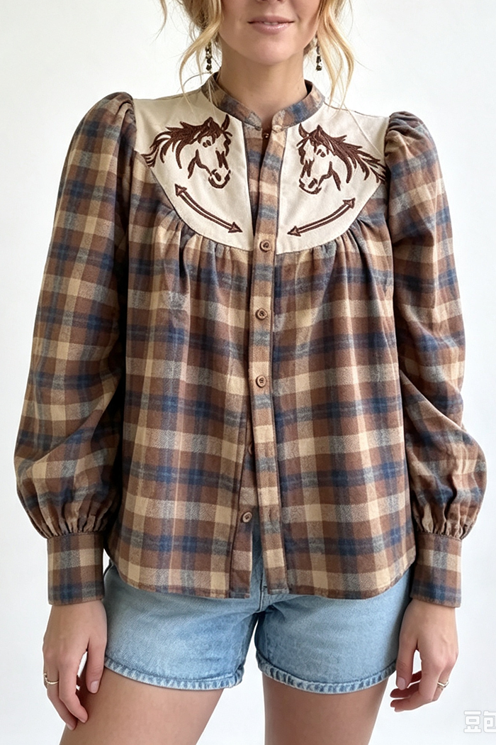 Vintage Plaid Mandarin Collar Horse Top