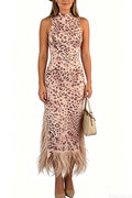 Sleeveless Blush Leopard Printed Fringed Hem Dress