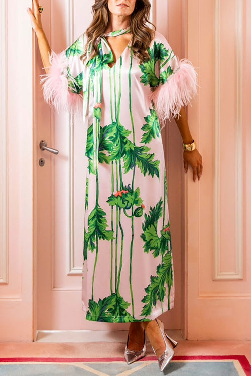 Botanical Print Feather Embellishment Dress
