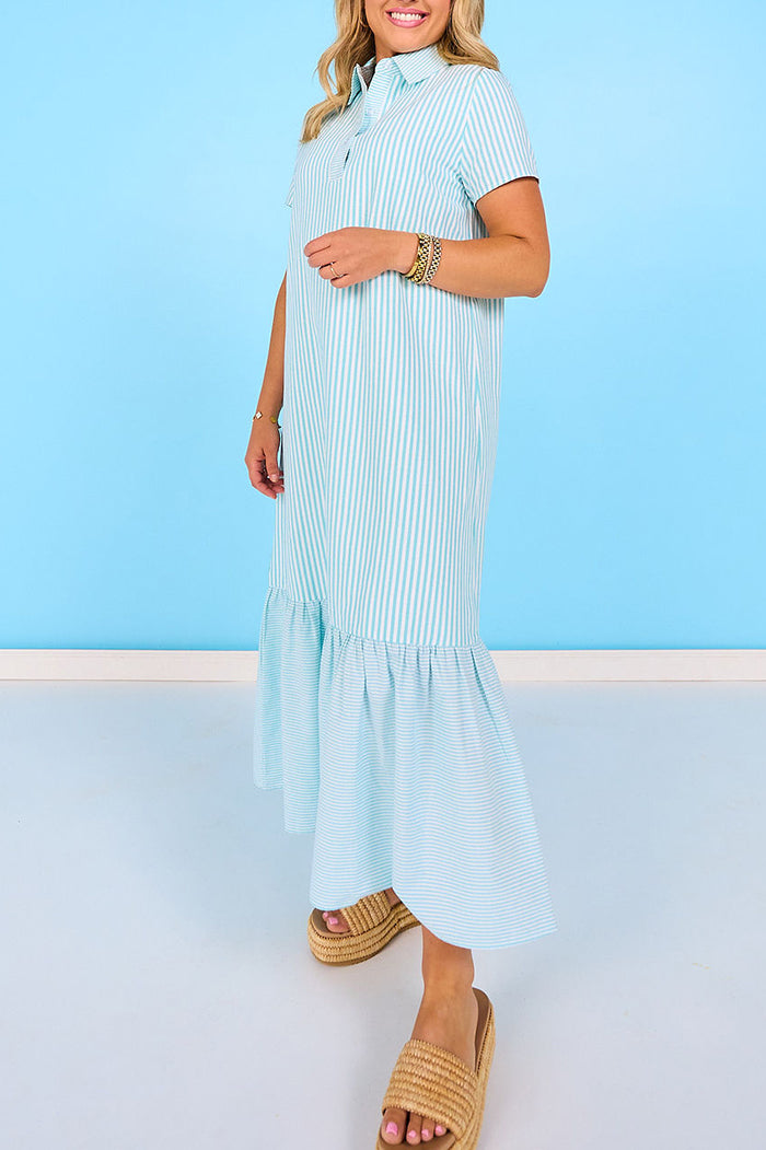 Mixed Stripe Collared Short Sleeve Tiered Maxi Dress