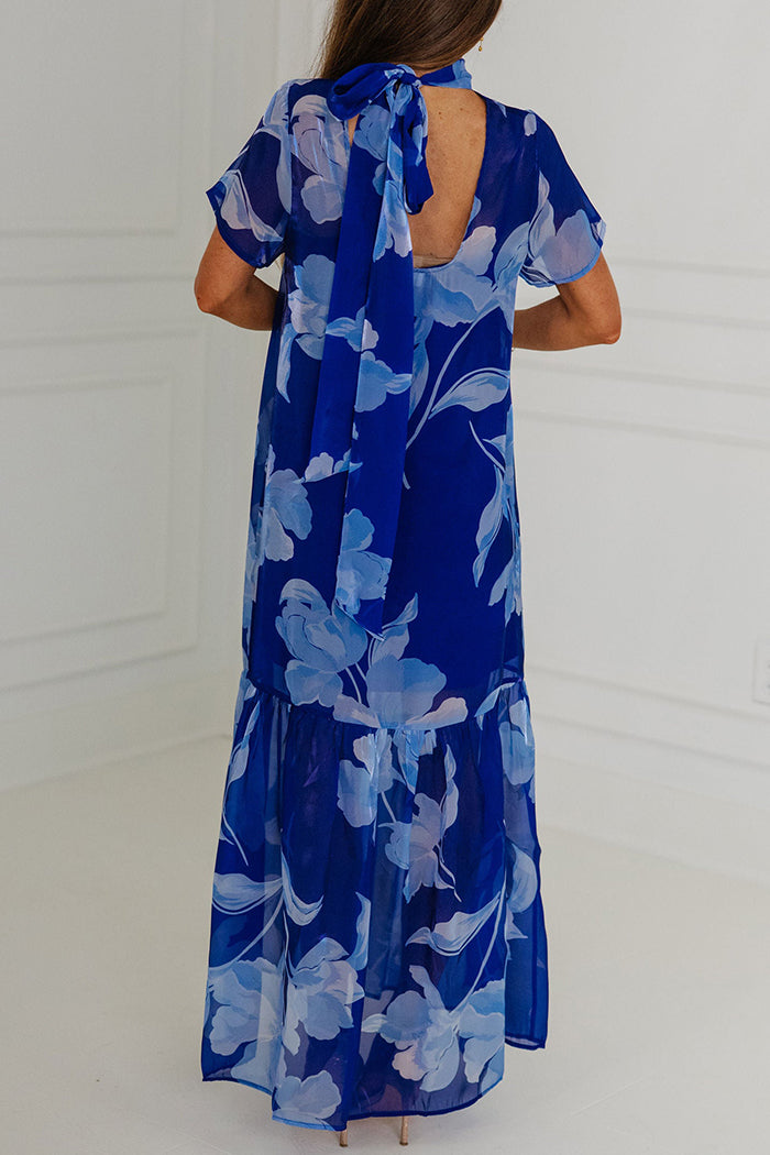 Navy Blue Floral Mock Neck Tiered Maxi Dress