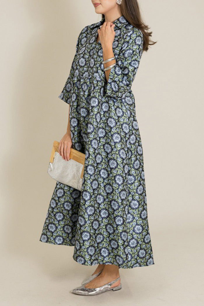 Floral Jacquard Collared 3/4 Sleeve Pocket Maxi Dress