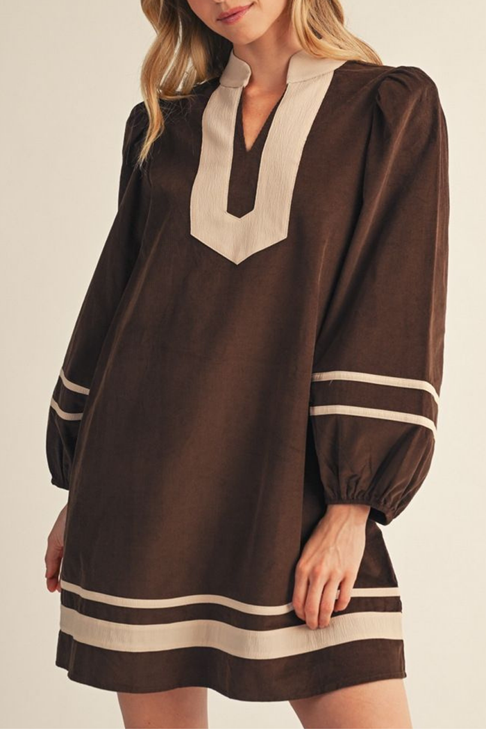 Corduroy Contrast Trim Stand Collar Long Sleeve Pocket Dress