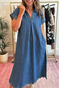 Cap Sleeve Frayed Hem Denim Midi Dress