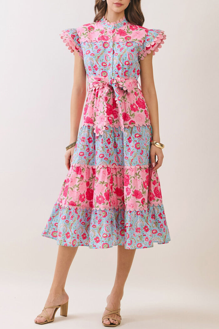 Casual Scalloped Edge Floral Print Dress